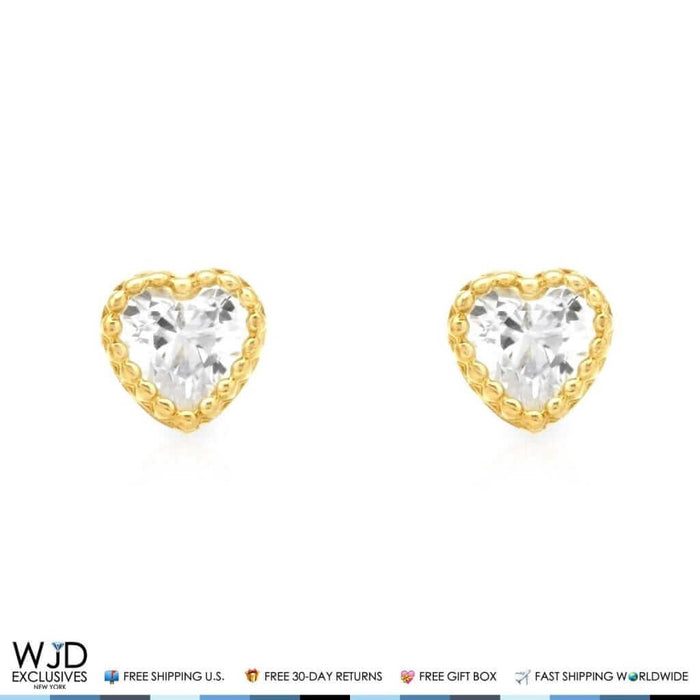 14K Yellow Gold 0.40Ct CZ Heart Halo Stud Earrings 4mm