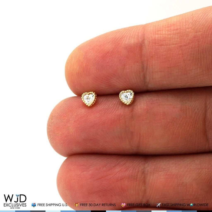 14K Yellow Gold 0.40Ct CZ Heart Halo Stud Earrings 4mm