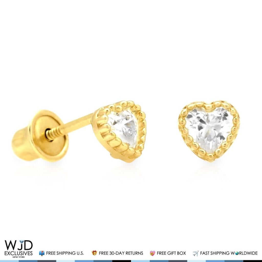 14K Yellow Gold 0.40Ct CZ Heart Halo Stud Earrings 4mm