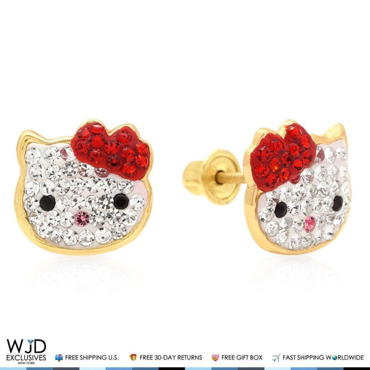 14K Yellow Gold 0.40Ct Created Diamond Red Bow Little Cat Stud Earrings 0.4"