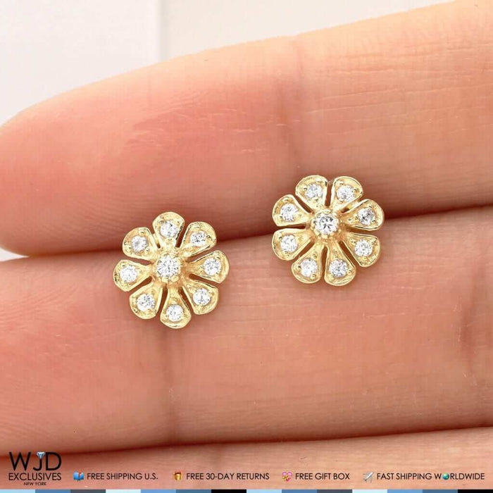 14K Yellow Gold 0.40Ct Round CZ Flower Cluster Stud Earrings 8mm