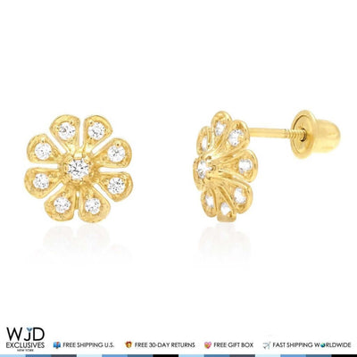 14K Yellow Gold 0.40Ct Round CZ Flower Cluster Stud Earrings 8mm