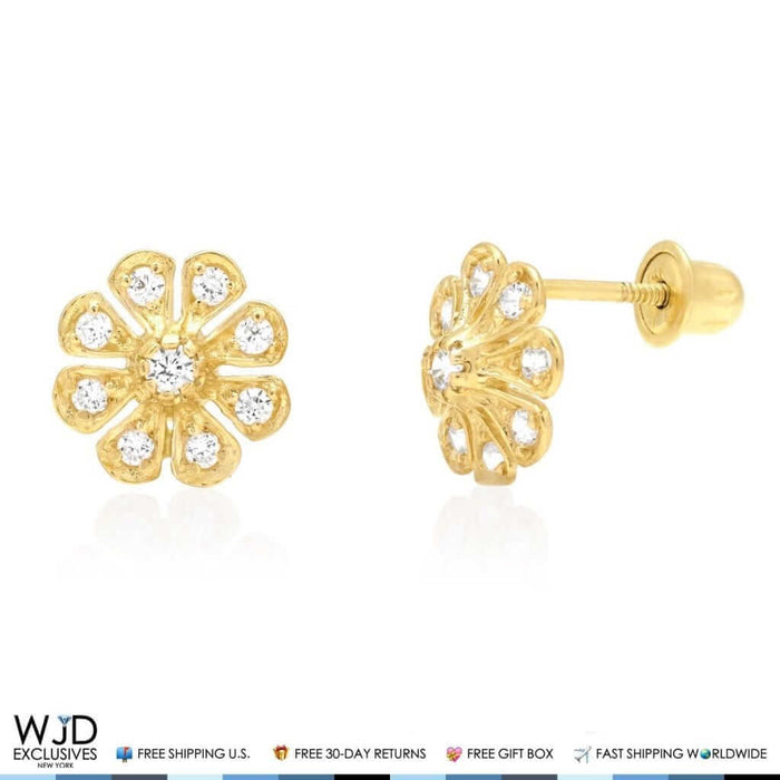 14K Yellow Gold 0.40Ct Round CZ Flower Cluster Stud Earrings 8mm