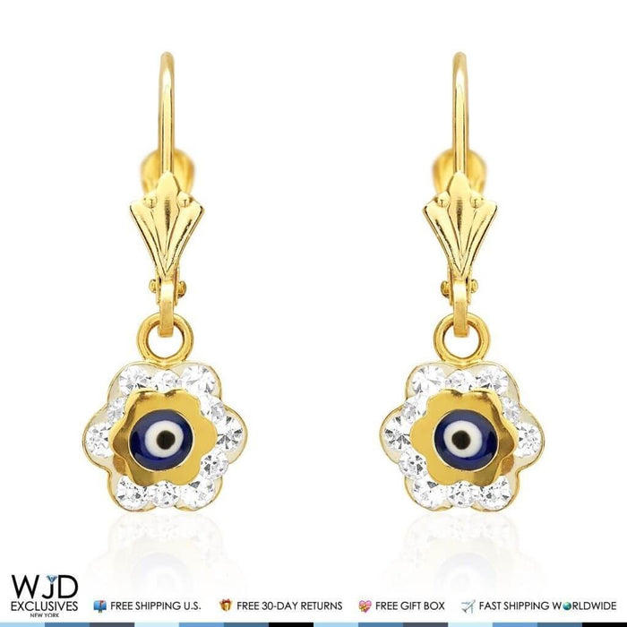 0.50CTW CZ 14K Yellow Gold Blue Evil Eye Flower Dangle Earrings