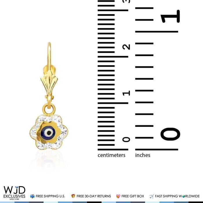 0.50CTW CZ 14K Yellow Gold Blue Evil Eye Flower Dangle Earrings
