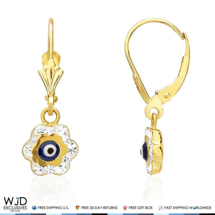 0.50CTW CZ 14K Yellow Gold Blue Evil Eye Flower Dangle Earrings