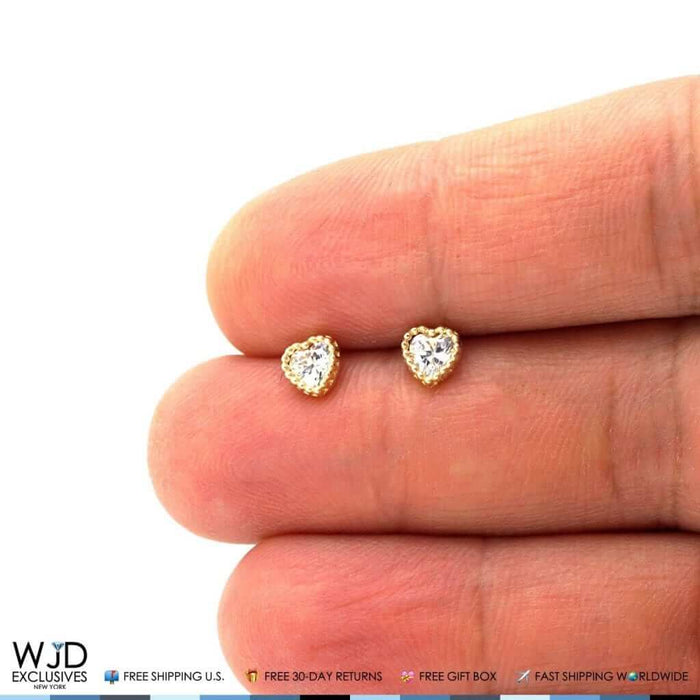 14K Yellow Gold 0.50Ct CZ Heart Shape Halo Stud Earrings 5mm