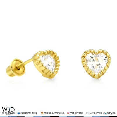 14K Yellow Gold 0.50Ct CZ Heart Shape Halo Stud Earrings 5mm
