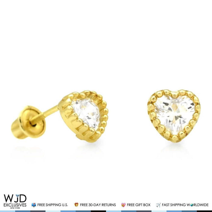 14K Yellow Gold 0.50Ct CZ Heart Shape Halo Stud Earrings 5mm