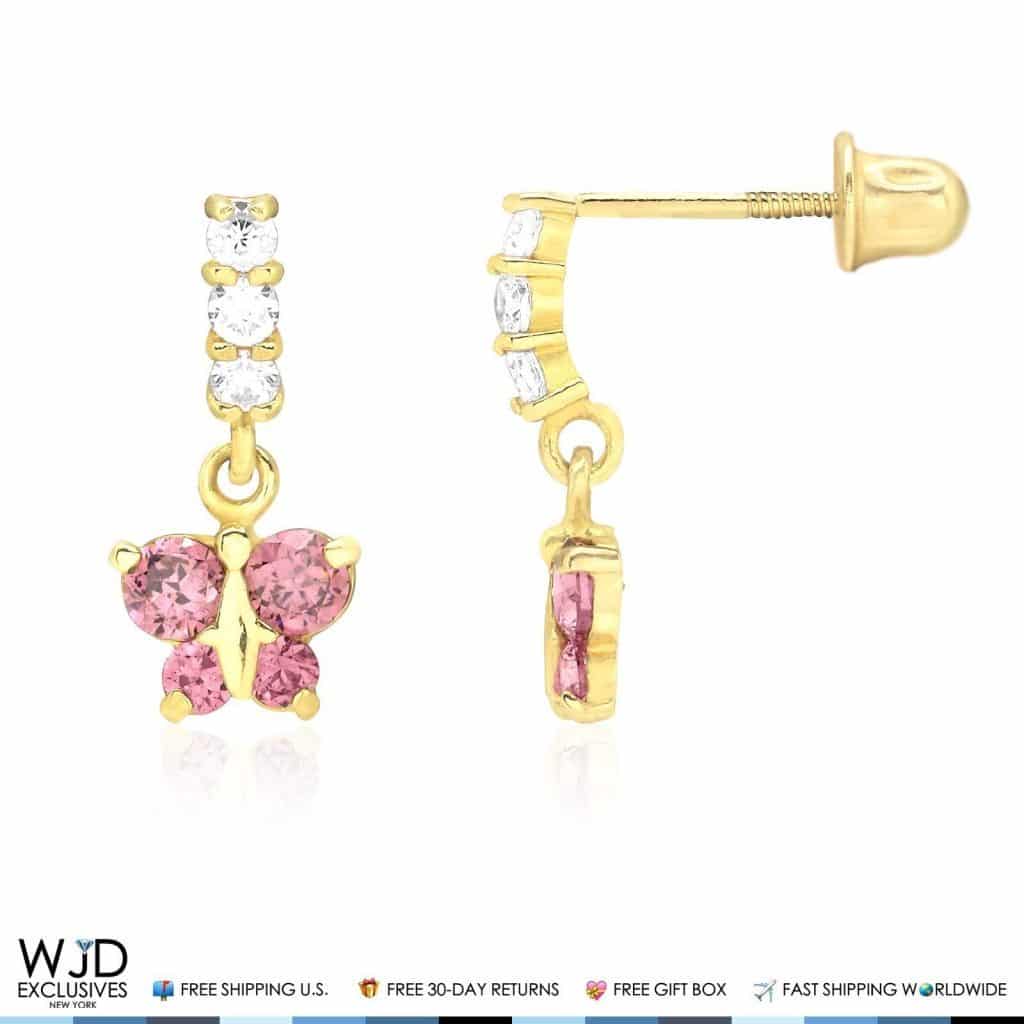 14K Yellow Gold Simulated Gemstone Birthstone Butterfly  Earrings 12mm