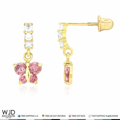 14K Yellow Gold Simulated Gemstone Birthstone Butterfly  Earrings 12mm
