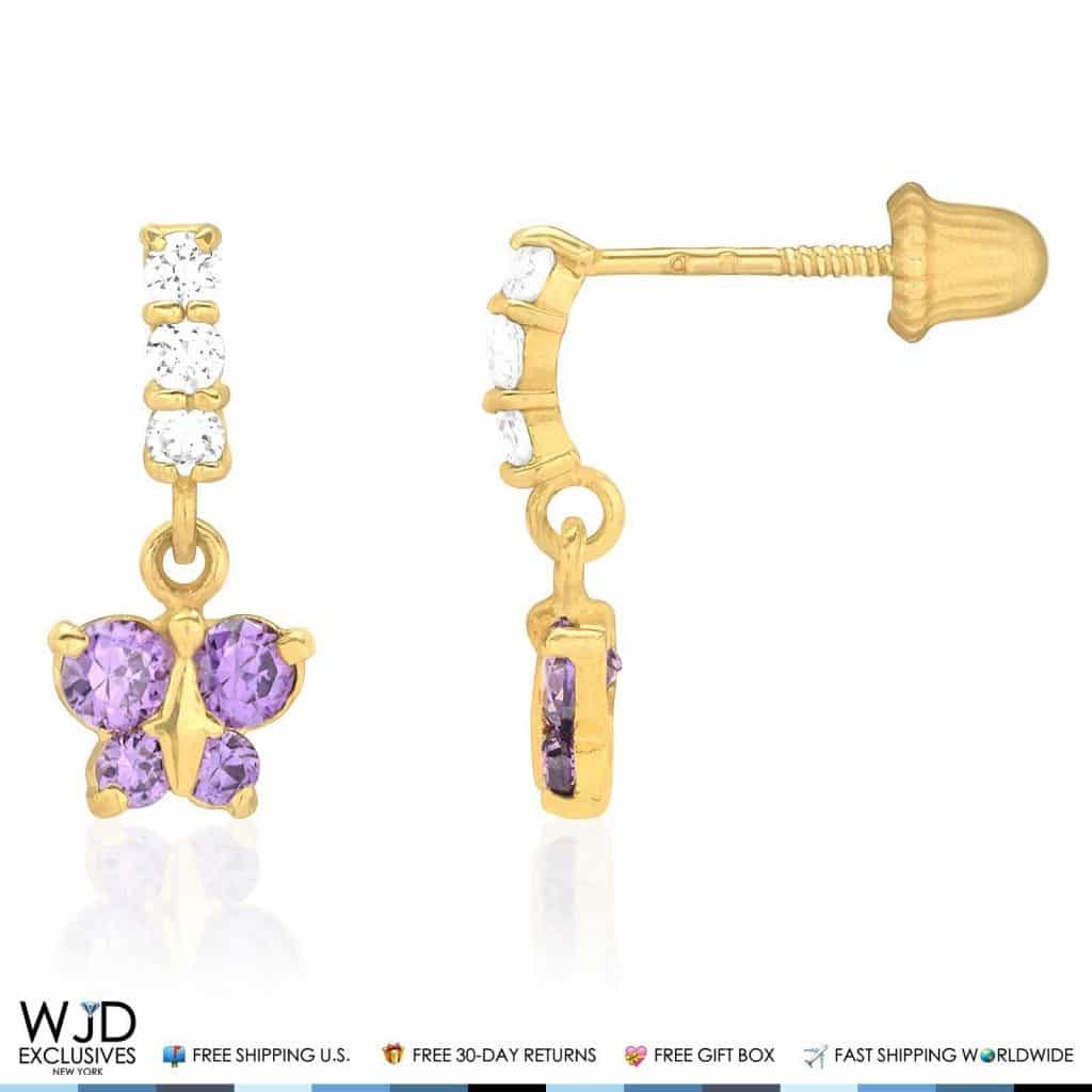 14K Yellow Gold Simulated Gemstone Birthstone Butterfly  Earrings 12mm
