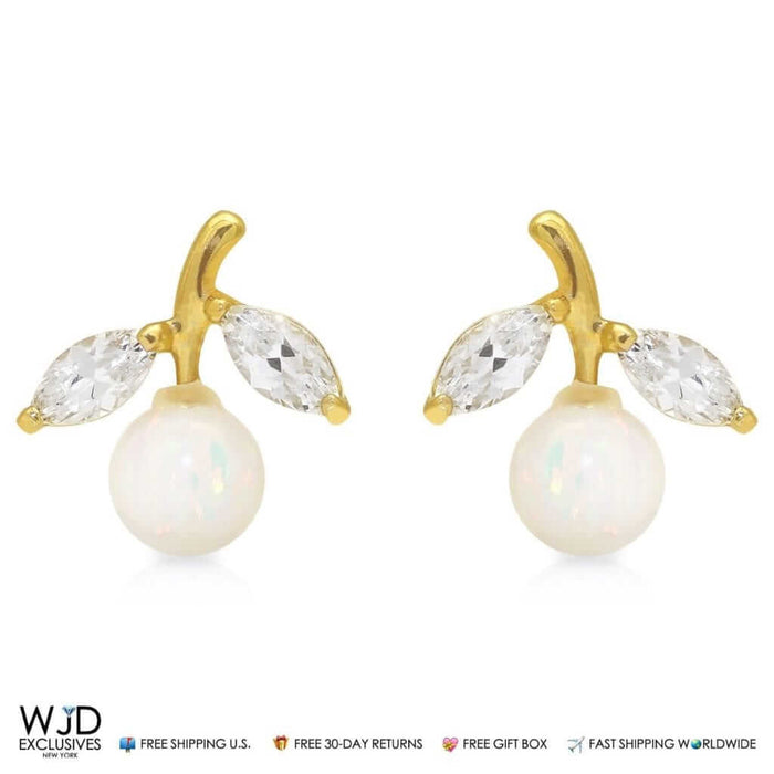 14K Yellow Gold CZ White Fire Opal Cherry Stud Earrings 0.4"