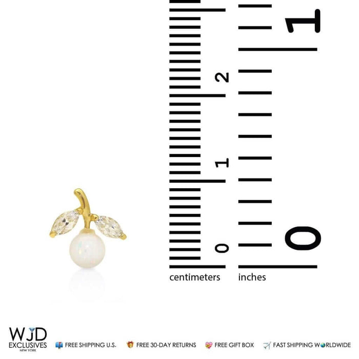 14K Yellow Gold CZ White Fire Opal Cherry Stud Earrings 0.4"