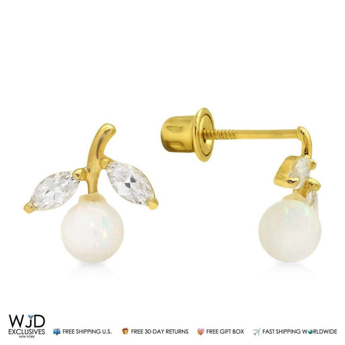 14K Yellow Gold CZ White Fire Opal Cherry Stud Earrings 0.4"