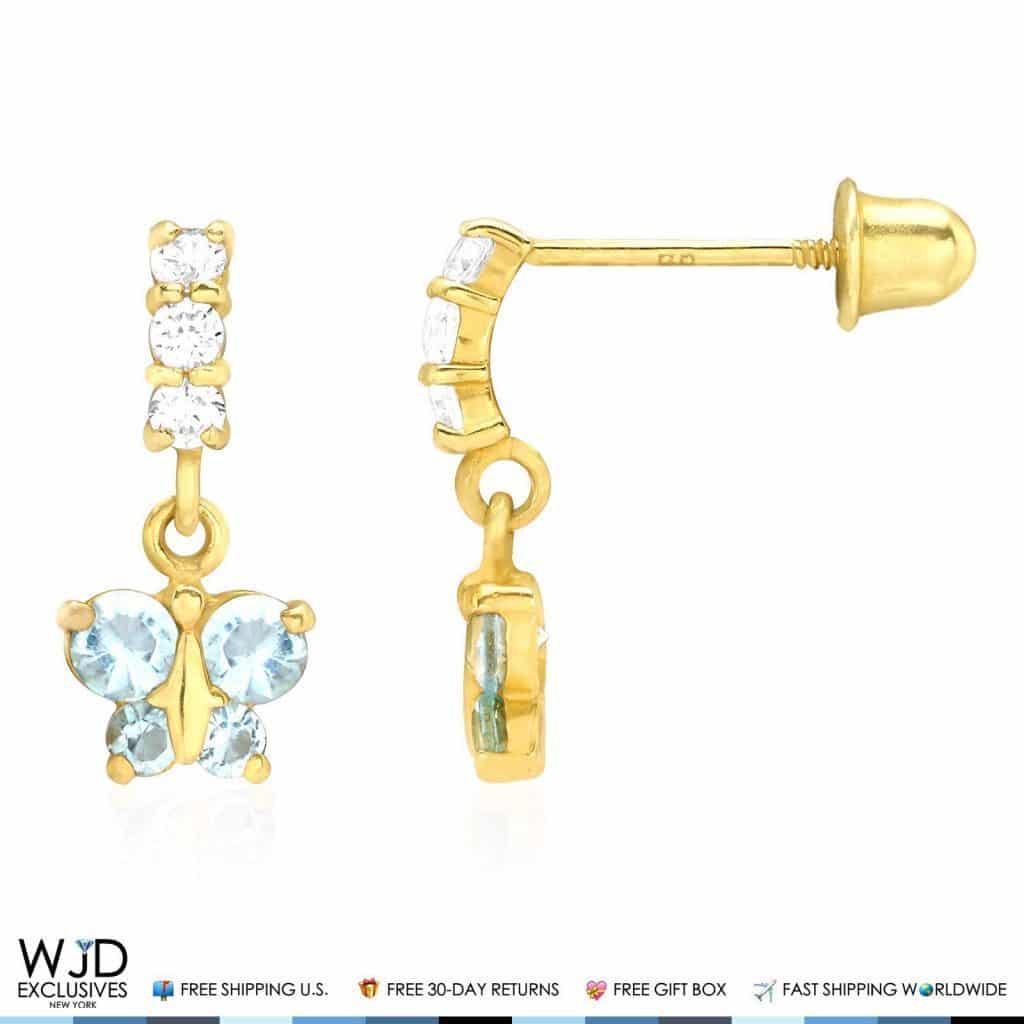 14K Yellow Gold Simulated Gemstone Birthstone Butterfly  Earrings 12mm