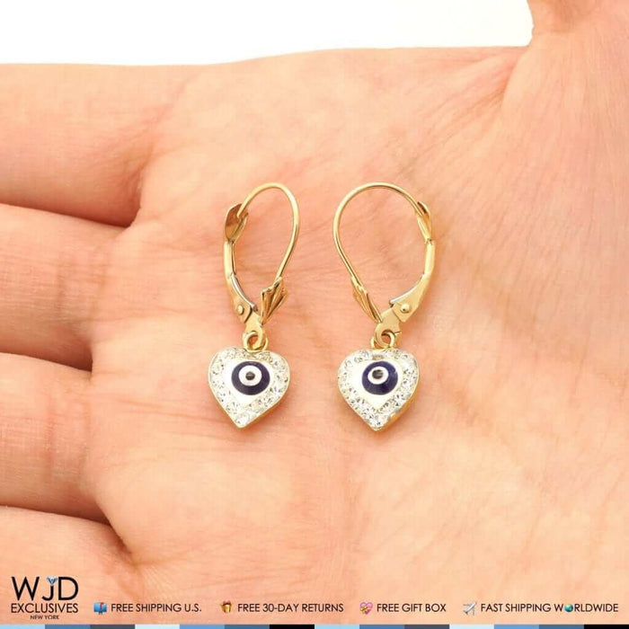 14K Gold CZ Blue Red Evil Eye Heart Dangle Leverback Earrings