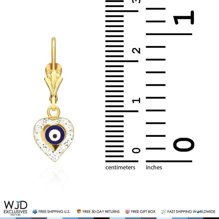 14K Gold CZ Blue Red Evil Eye Heart Dangle Leverback Earrings