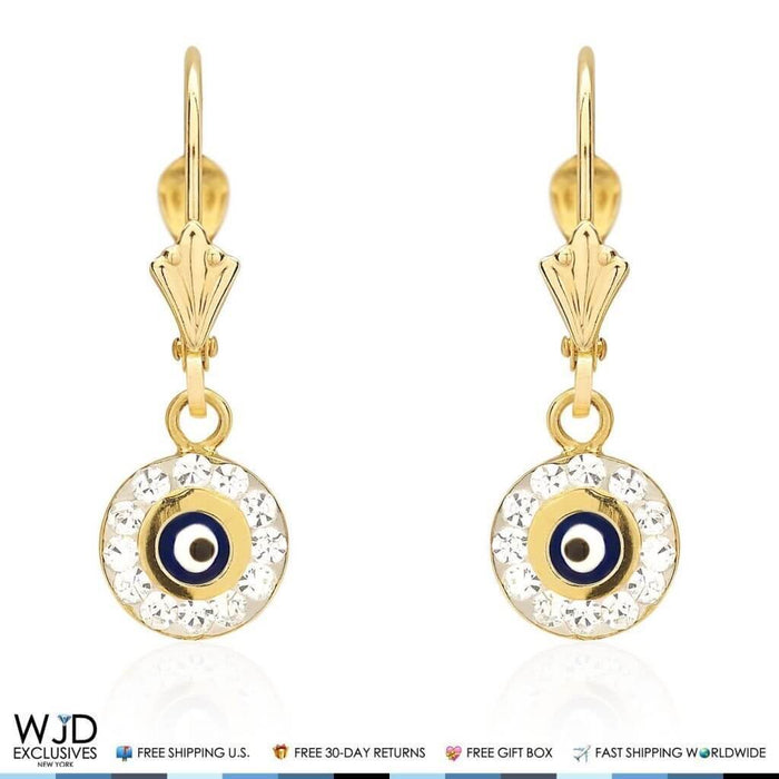 0.50CTW CZ 14K Yellow Gold Black Evil Eye Round Dangle Earrings