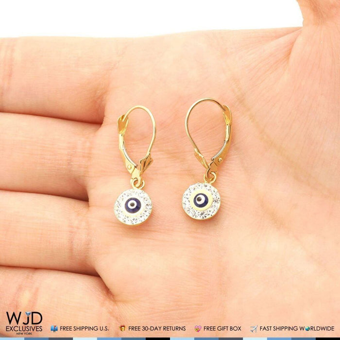 0.50CTW CZ 14K Yellow Gold Black Evil Eye Round Dangle Earrings