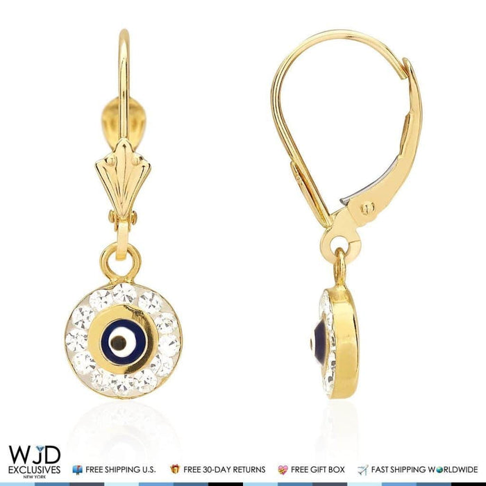 0.50CTW CZ 14K Yellow Gold Black Evil Eye Round Dangle Earrings