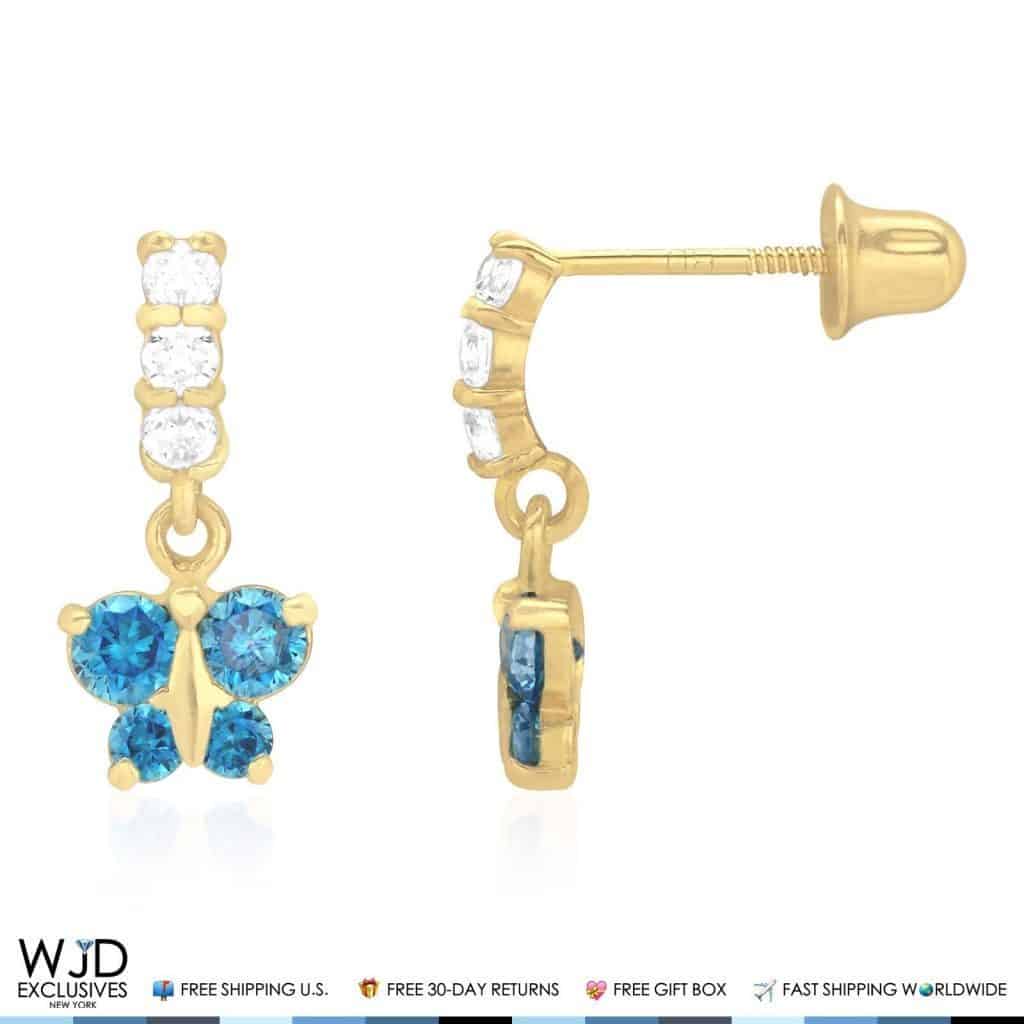 14K Yellow Gold Simulated Gemstone Birthstone Butterfly  Earrings 12mm