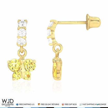 14K Yellow Gold Simulated Gemstone Birthstone Butterfly  Earrings 12mm