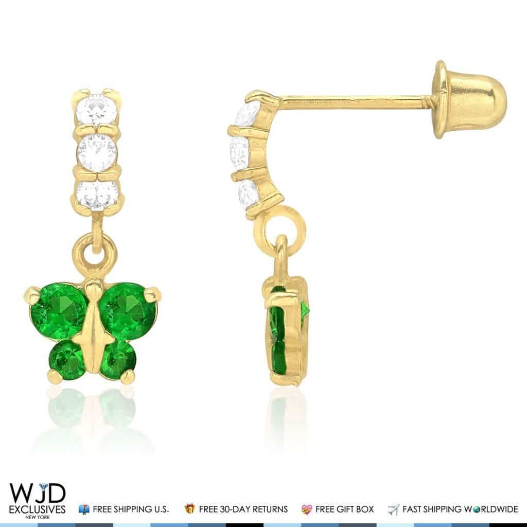 14K Yellow Gold Simulated Gemstone Birthstone Butterfly  Earrings 12mm