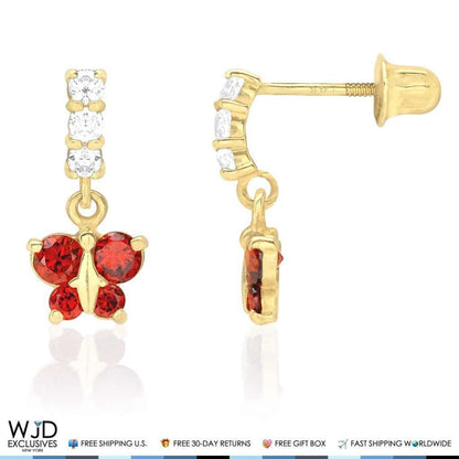 14K Yellow Gold Simulated Gemstone Birthstone Butterfly  Earrings 12mm