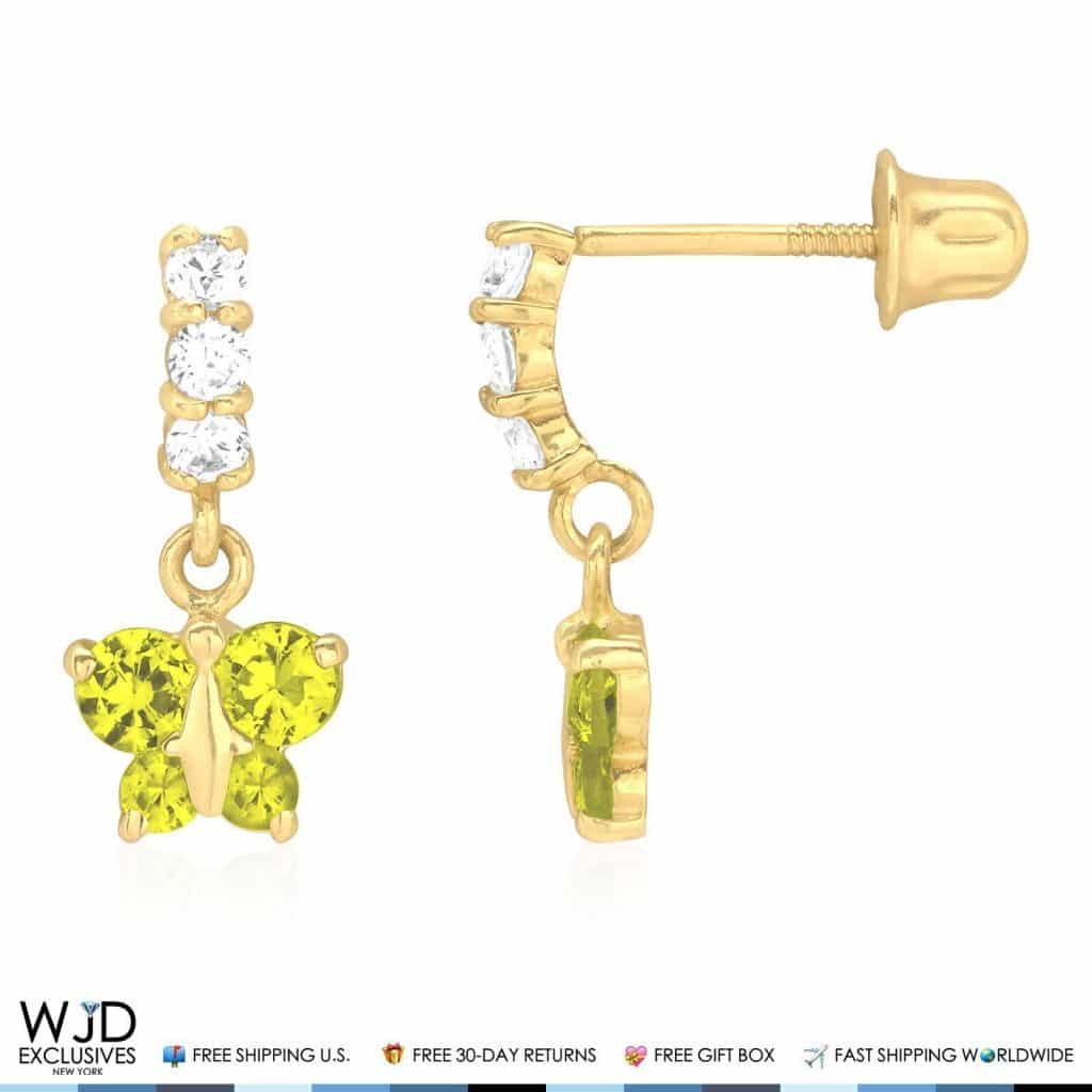 14K Yellow Gold Simulated Gemstone Birthstone Butterfly  Earrings 12mm