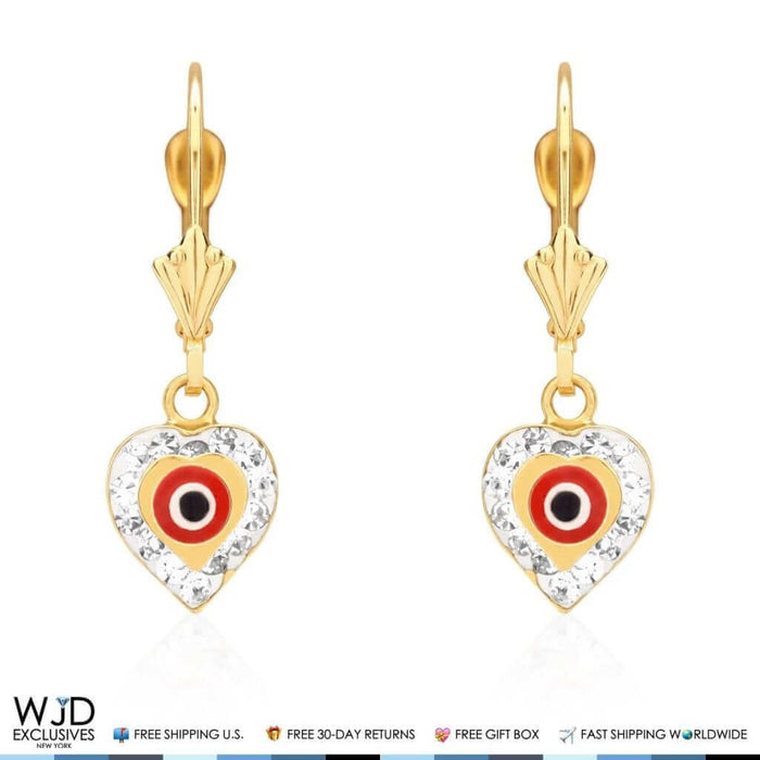 14K Gold CZ Red Evil Eye Heart Dangle Leverback Earrings