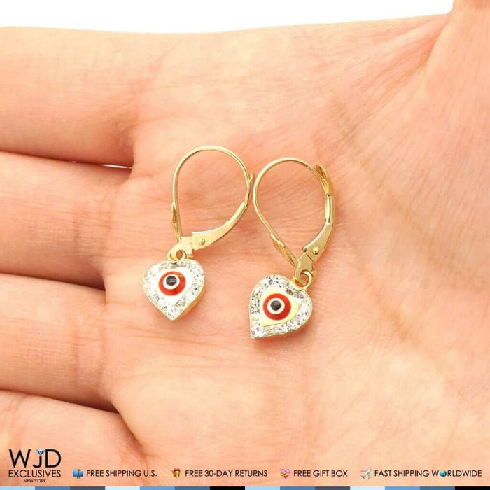 14K Gold CZ Blue Red Evil Eye Heart Dangle Leverback Earrings