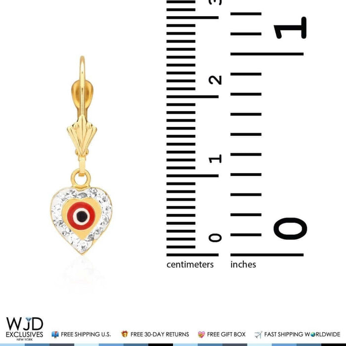 14K Gold CZ Blue Red Evil Eye Heart Dangle Leverback Earrings