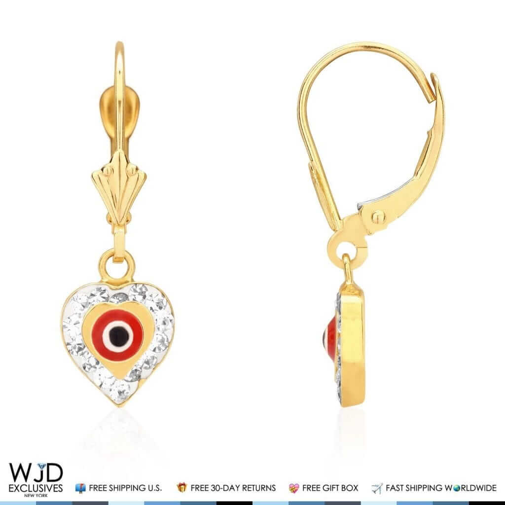 14K Gold CZ Blue Red Evil Eye Heart Dangle Leverback Earrings