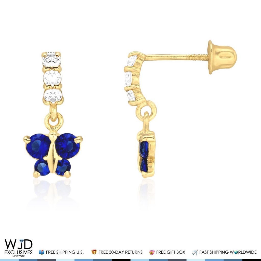 14K Yellow Gold Simulated Gemstone Birthstone Butterfly  Earrings 12mm