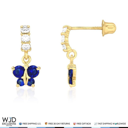 14K Yellow Gold Simulated Gemstone Birthstone Butterfly  Earrings 12mm