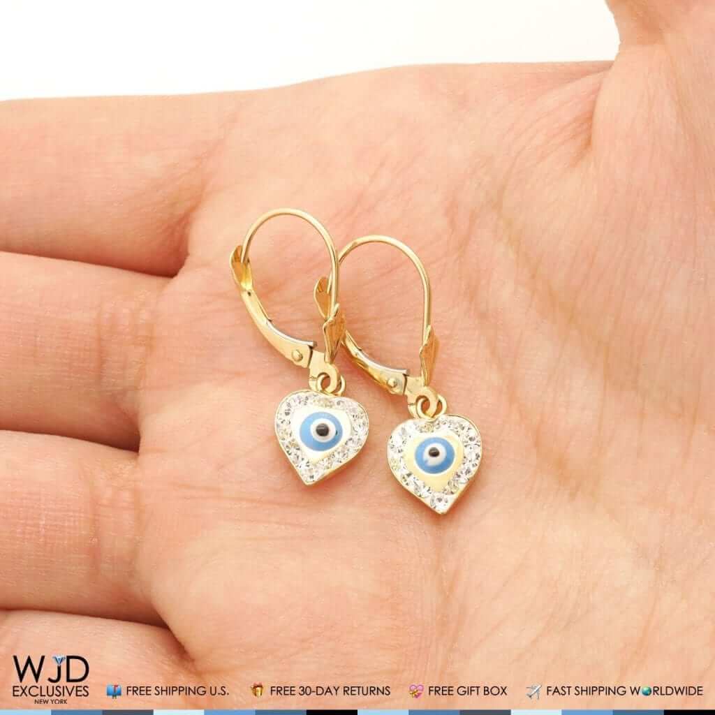 14K Gold CZ Blue Red Evil Eye Heart Dangle Leverback Earrings