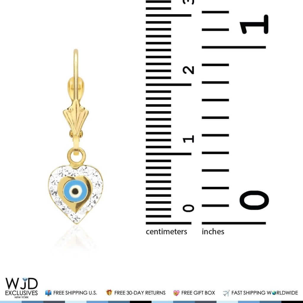 14K Gold CZ Blue Red Evil Eye Heart Dangle Leverback Earrings