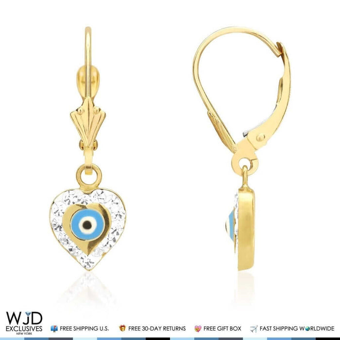 14K Gold CZ Blue Red Evil Eye Heart Dangle Leverback Earrings