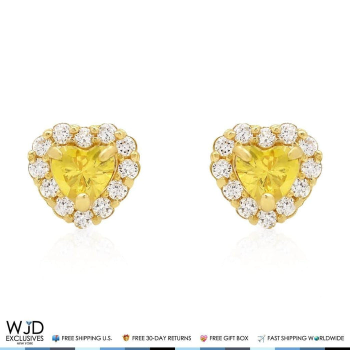 14K Yellow Gold CZ Yellow Citrine Heart Halo Stud Earrings