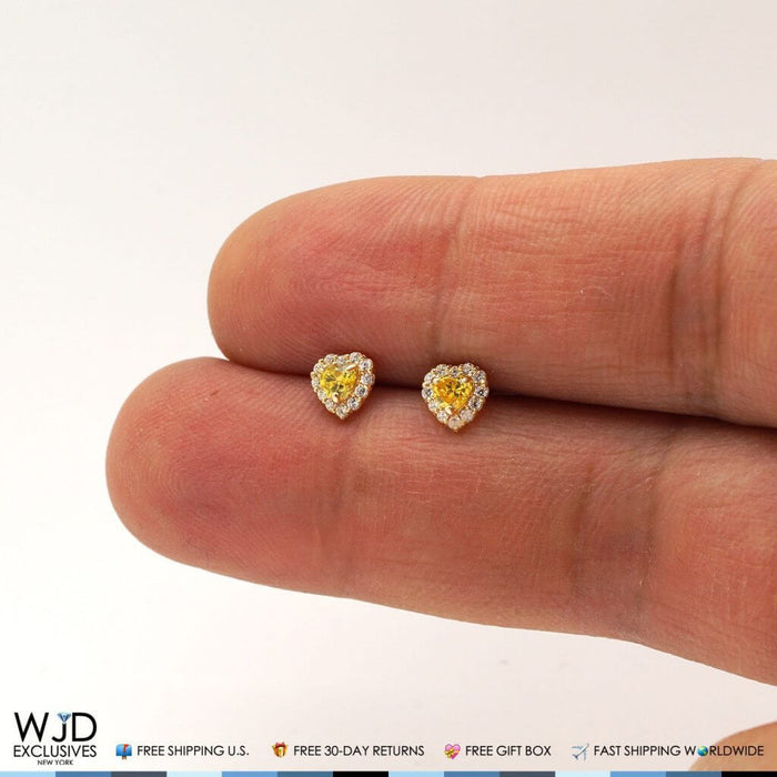 14K Yellow Gold CZ Yellow Citrine Heart Halo Stud Earrings