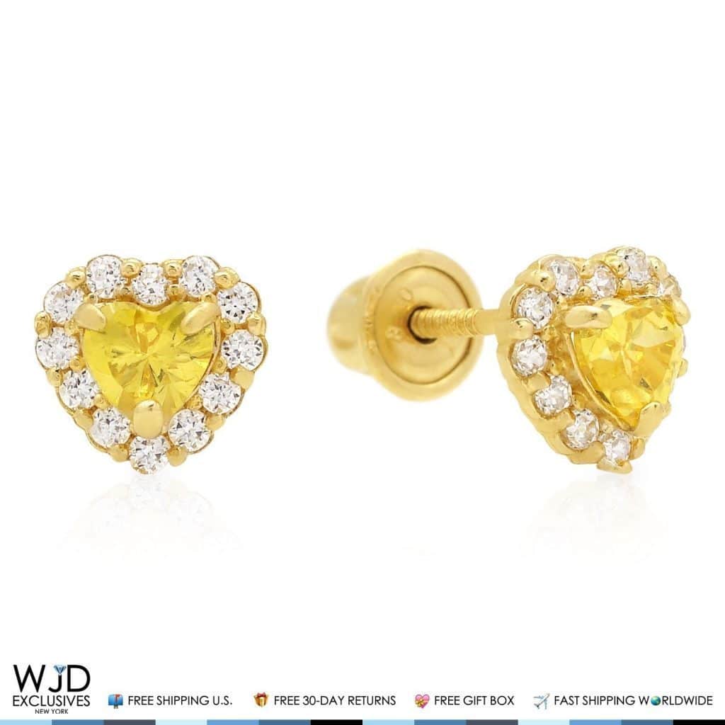 14K Yellow Gold CZ Yellow Citrine Heart Halo Stud Earrings