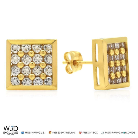 14K Yellow Gold 0.90Ct Pave Created Diamond Pushback Square Stud Earrings 10mm