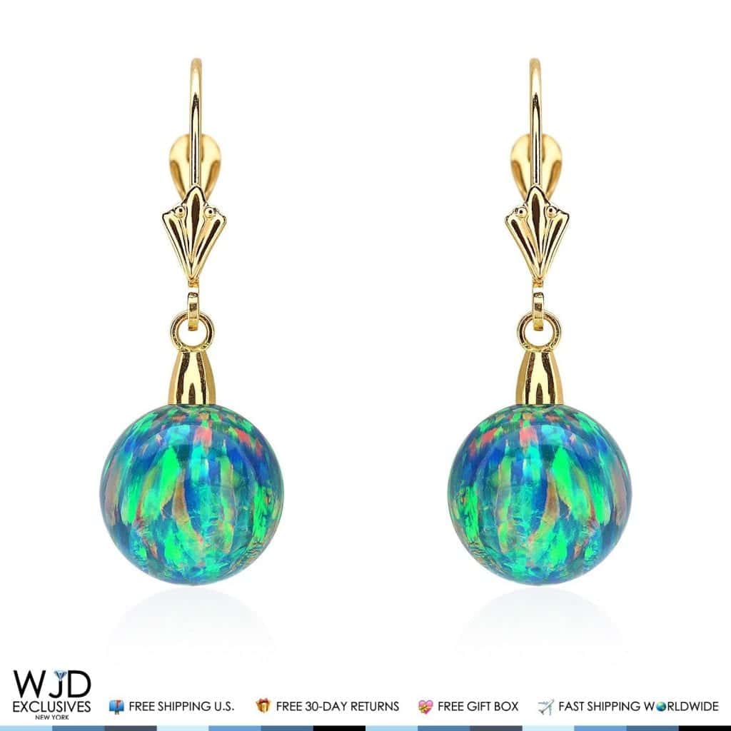 14K Real Gold Ball Blue Green Fire Opal Leverback Dangle Earrings 10mm