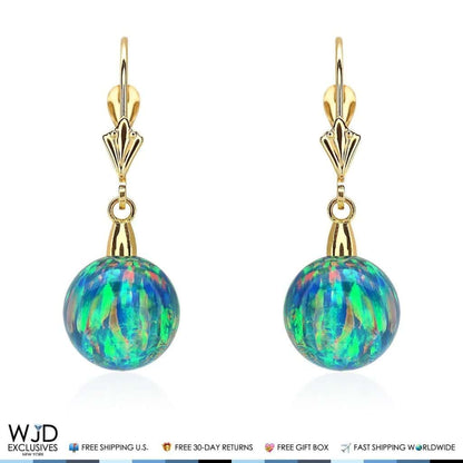 14K Real Gold Ball Blue Green Fire Opal Leverback Dangle Earrings 10mm