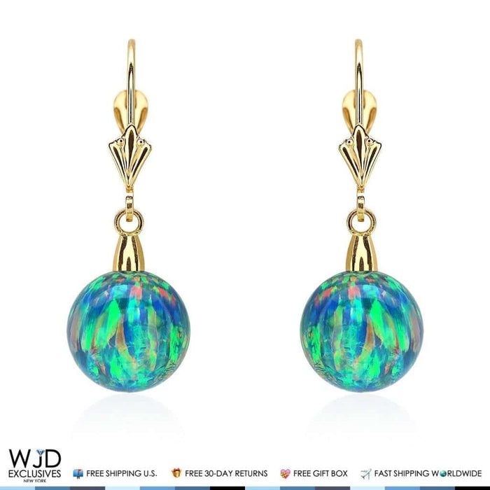 14K Gold Ball Blue Green Fire Opal Leverback Dangle Earrings 10mm