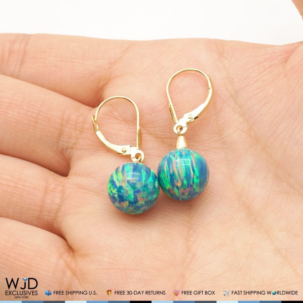 14K Real Gold Ball Blue Green Fire Opal Leverback Dangle Earrings 10mm