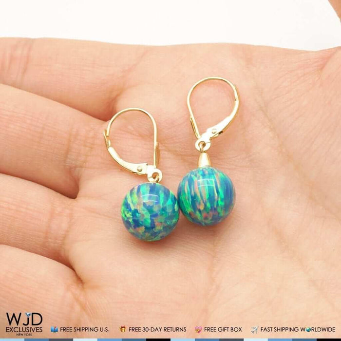 14K Gold Ball Blue Green Fire Opal Leverback Dangle Earrings 10mm
