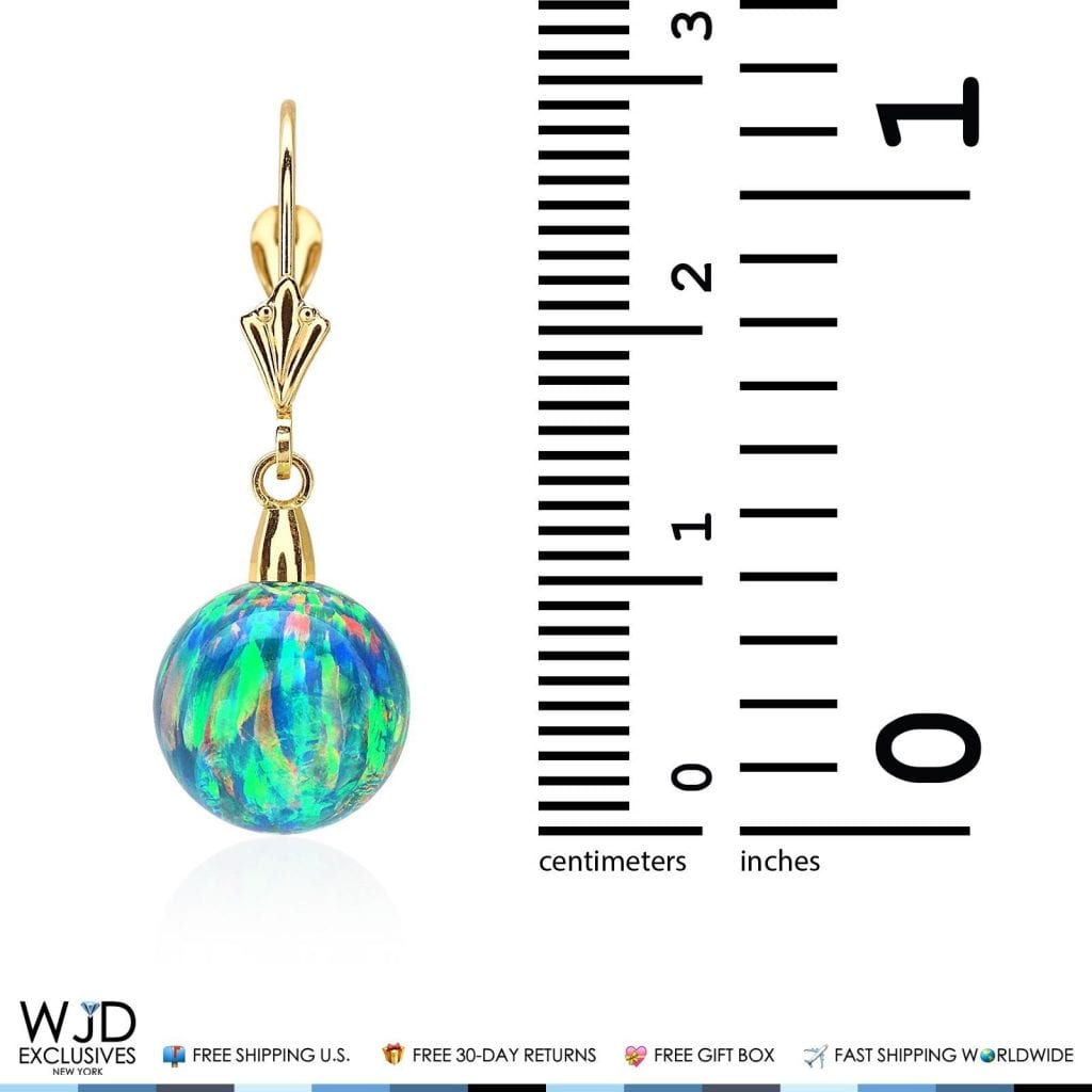 14K Real Gold Ball Blue Green Fire Opal Leverback Dangle Earrings 10mm