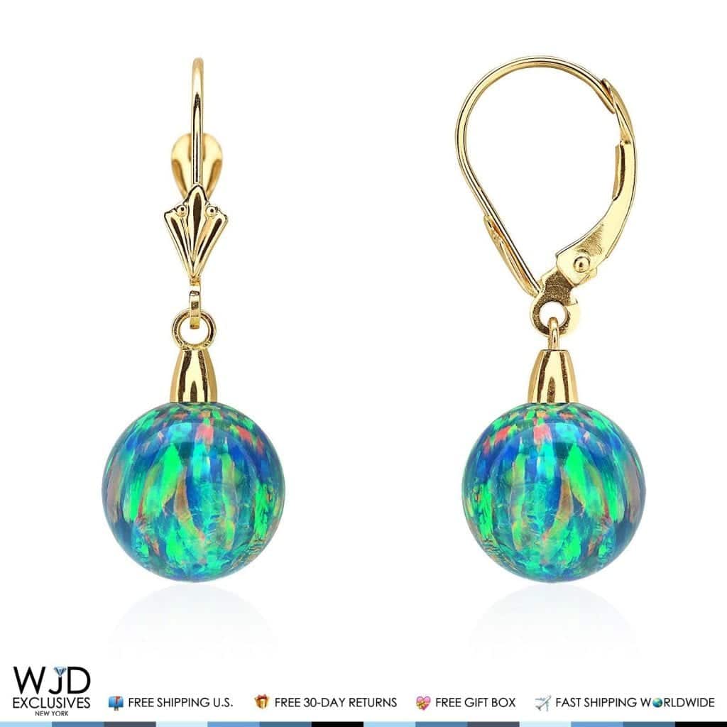 14K Real Gold Ball Blue Green Fire Opal Leverback Dangle Earrings 10mm
